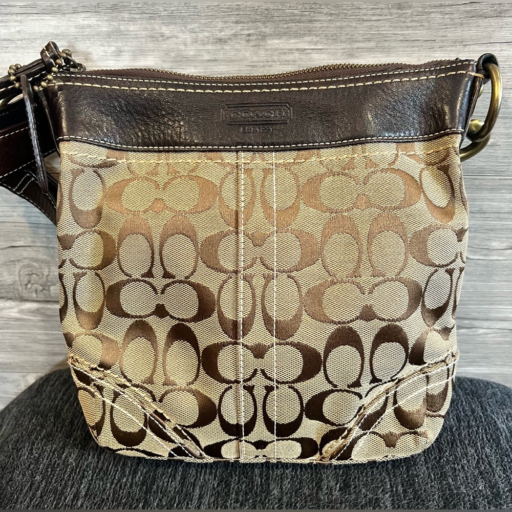 Coach Signature Dark Brown and Tan Shoulder Bag Purse